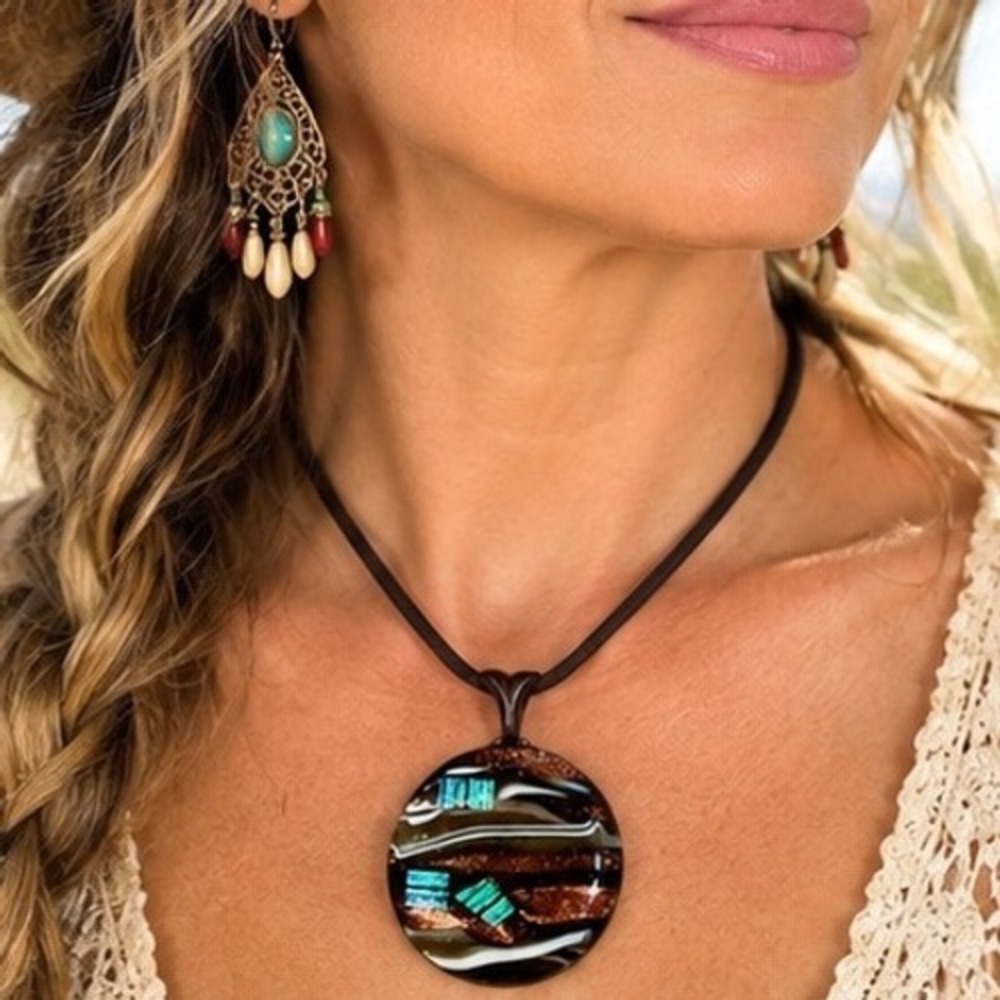 Artisan Dichroic Glass Pendant Necklace Brown Copper Teal Bohemian Cord